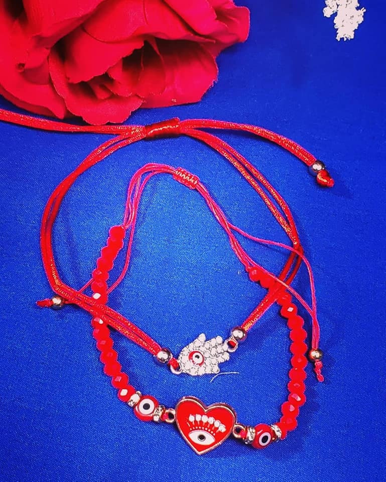 Set of two Evil Eye Protection Beaded Adjustable Bracelets/ Anklets