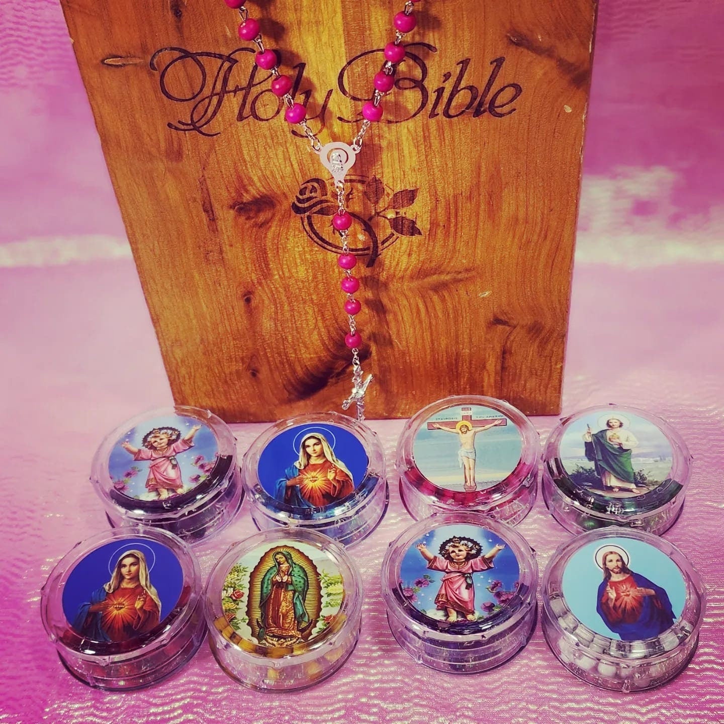 36" Scented Wood Beaded Rosary in Saint Print Round Container