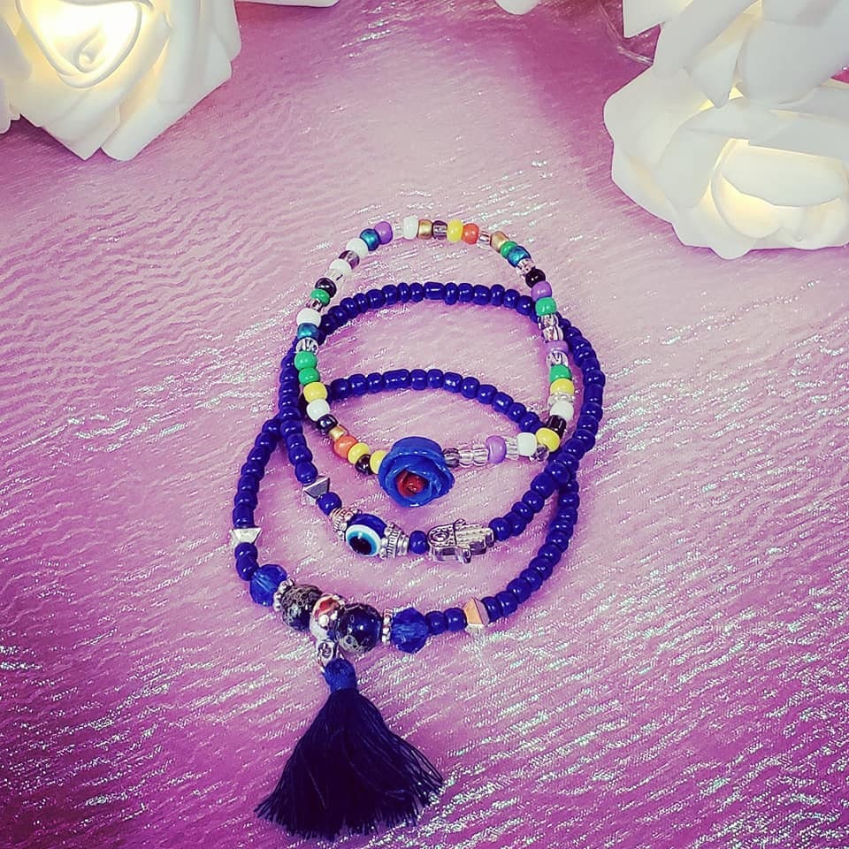 Set of 3 Beaded_Adjustable _Stretchable_Charm Evil Eye Bracelets!