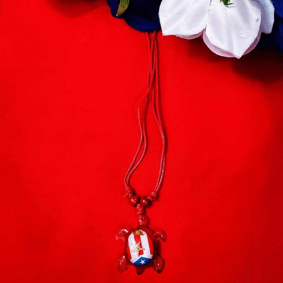 Turtle Necklace, Puerto Rico Flag with starfish and crab design.