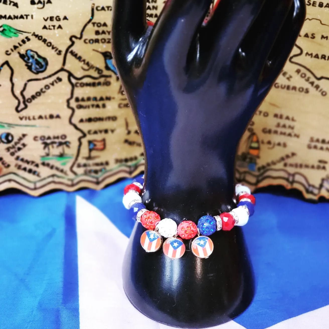 Stretchable Beaded Puerto Rico Flag Hangings and white Stones Bracelets
