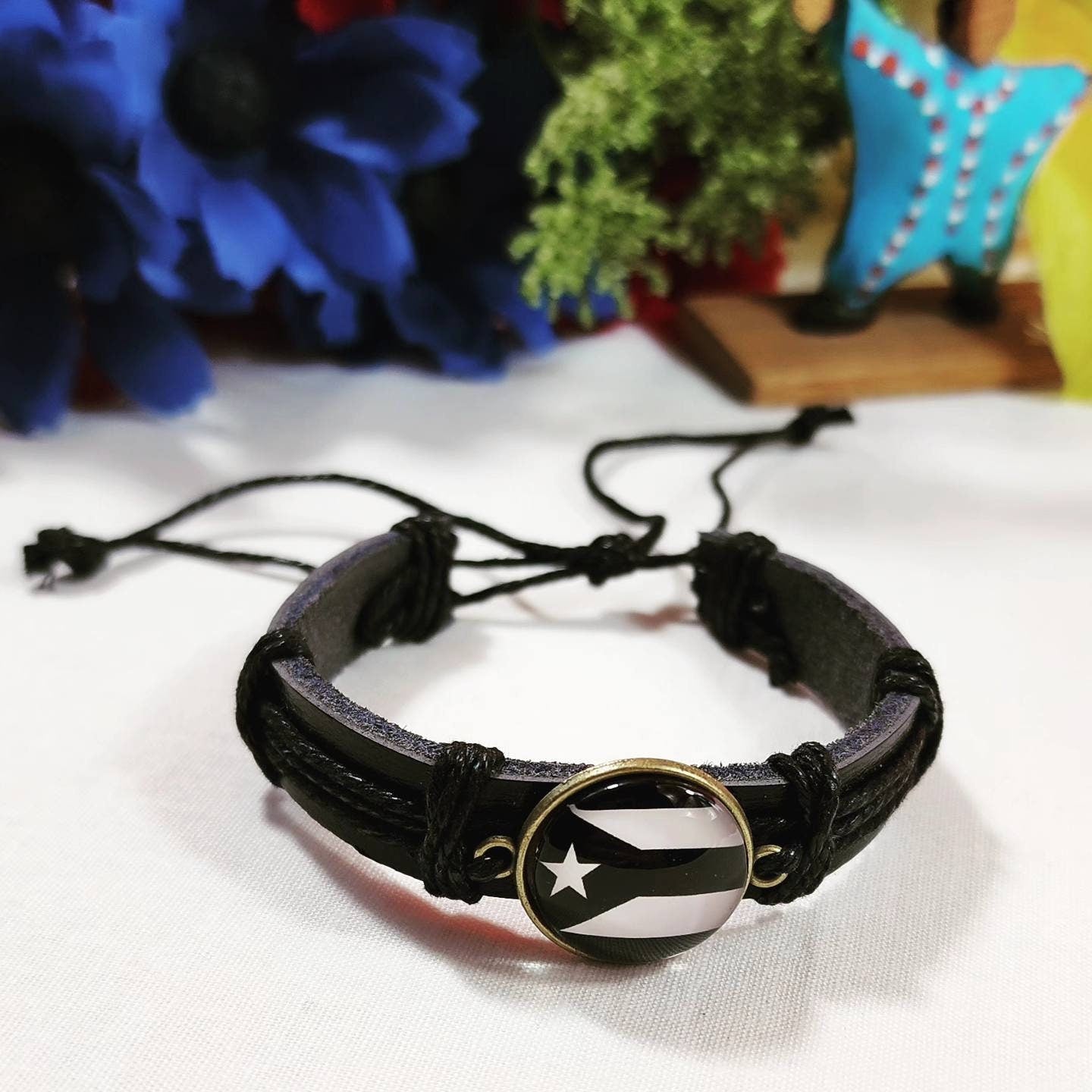 Black & White Puerto Rico Flag Adjustable Stretchable Beaded Bracelets