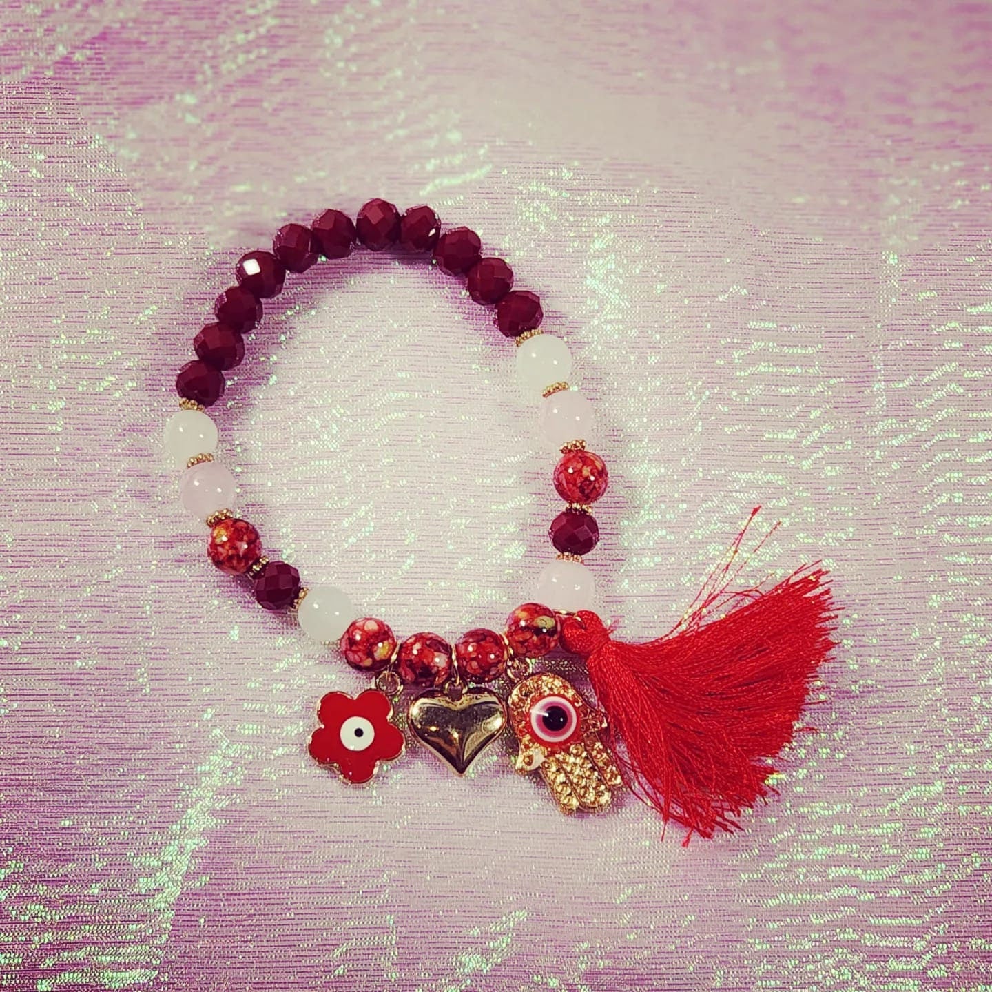 Hamsa Hand, heart,  Evil Eye Flower, Protection Beaded Stretchable with Tassels colorful Bracelets
