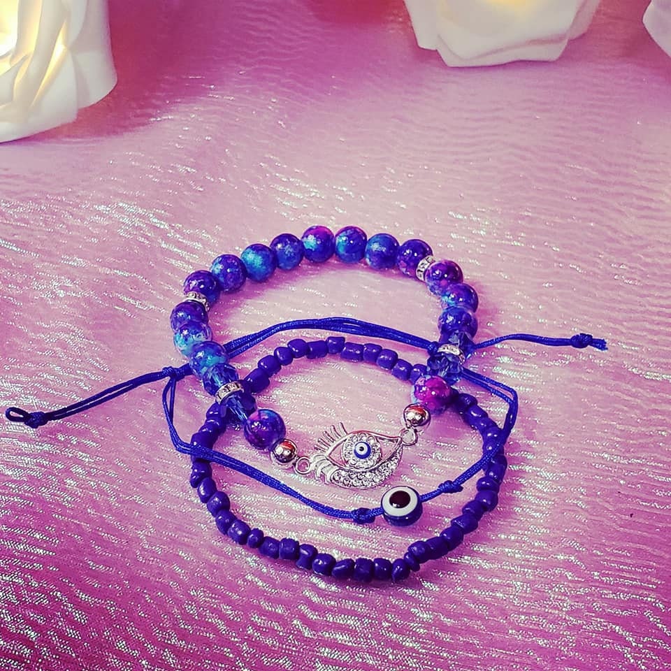 Set of 3 Beaded_Adjustable _Stretchable_Charm Evil Eye Bracelets!