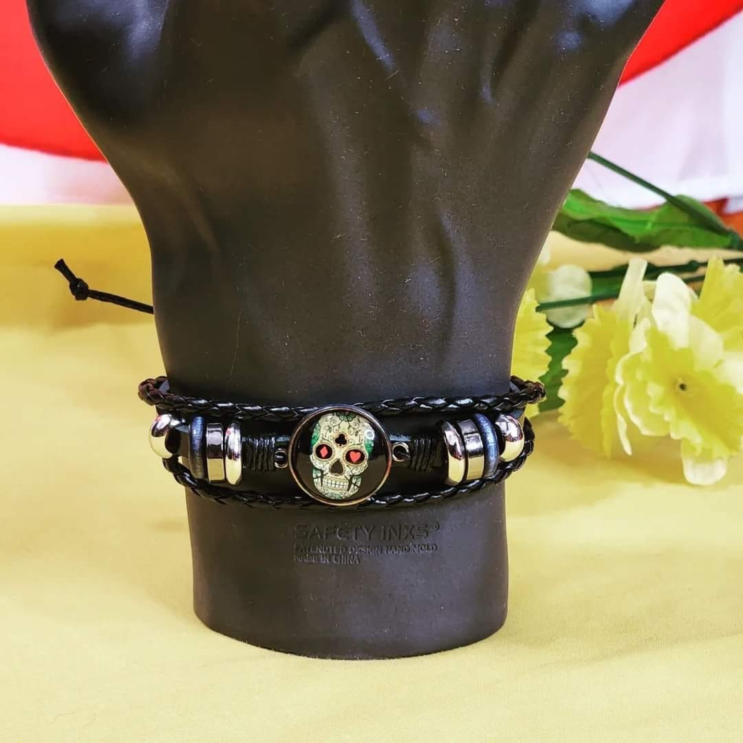 Skull Leather Beaded  Adjustable Bracelet