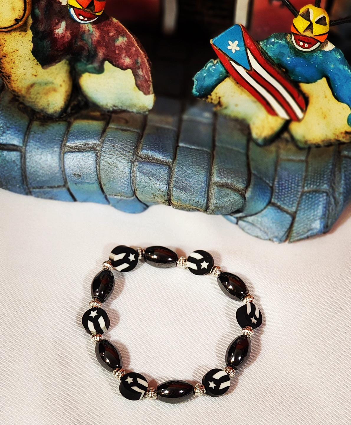 Black & White Puerto Rico Flag Adjustable Stretchable Beaded Bracelets