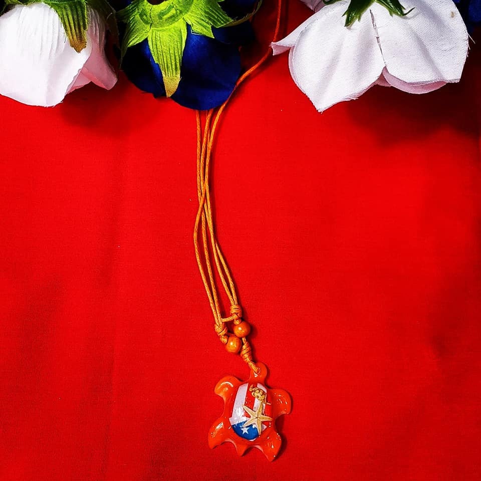 Turtle Necklace, Puerto Rico Flag with starfish and crab design.
