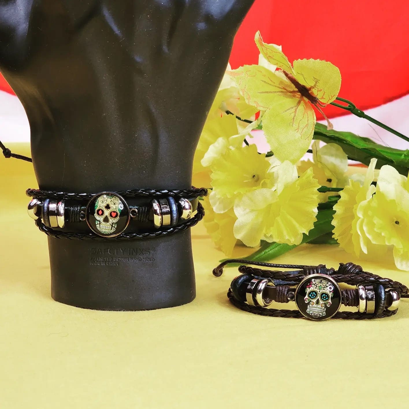 Skull Leather Beaded  Adjustable Bracelet