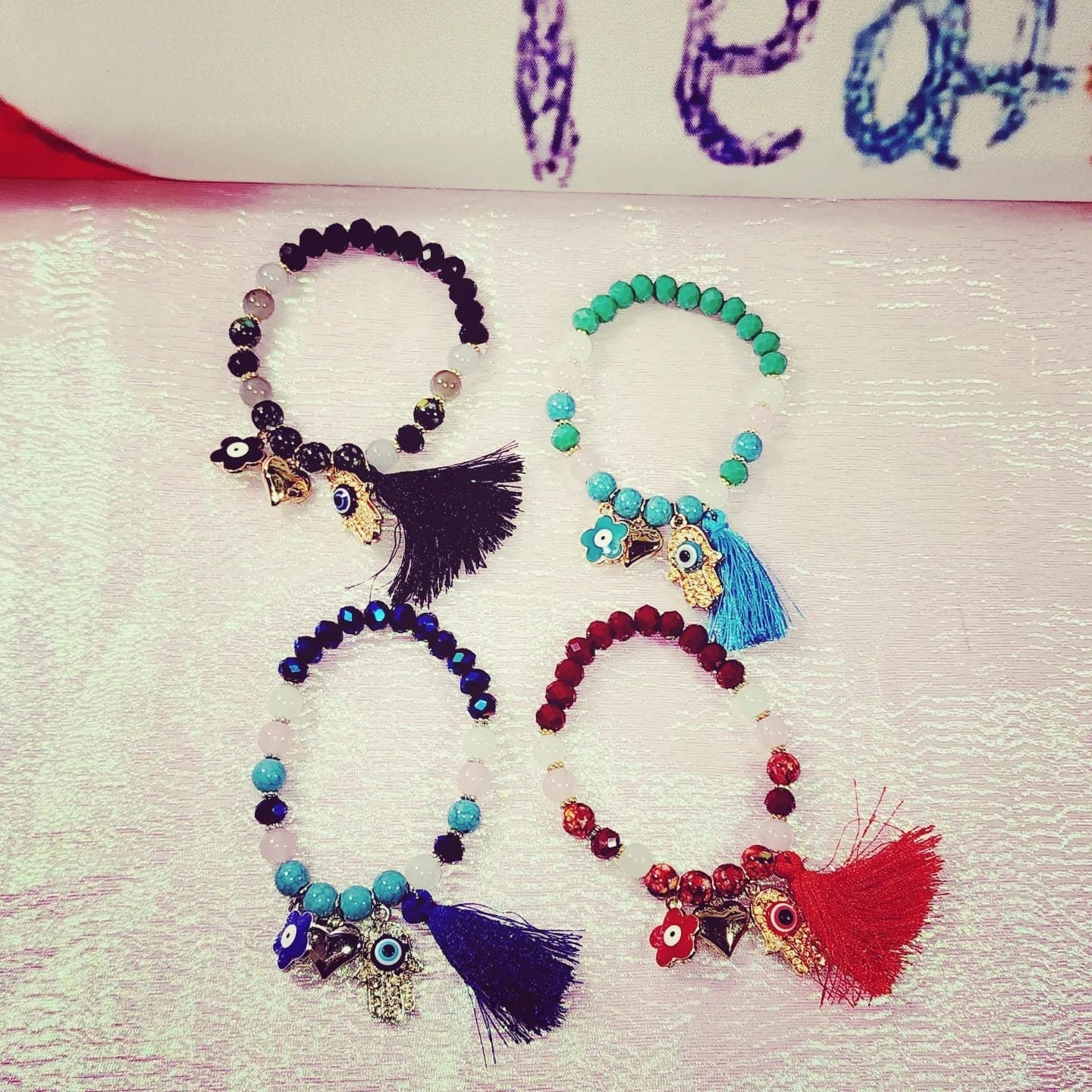 Hamsa Hand, heart,  Evil Eye Flower, Protection Beaded Stretchable with Tassels colorful Bracelets
