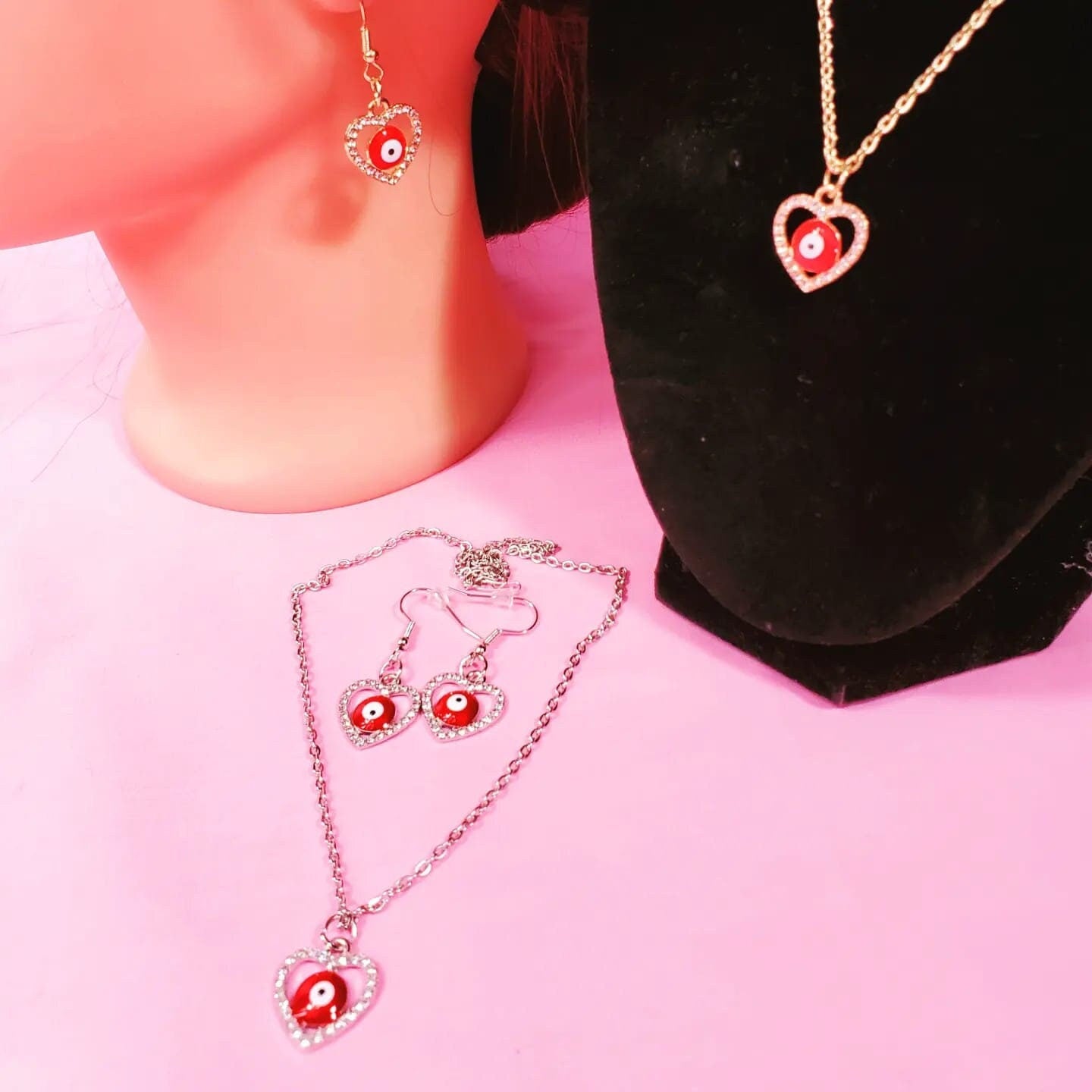 Set of Silver or Gold Evil Eye Heart Shape Necklace & Earrings!