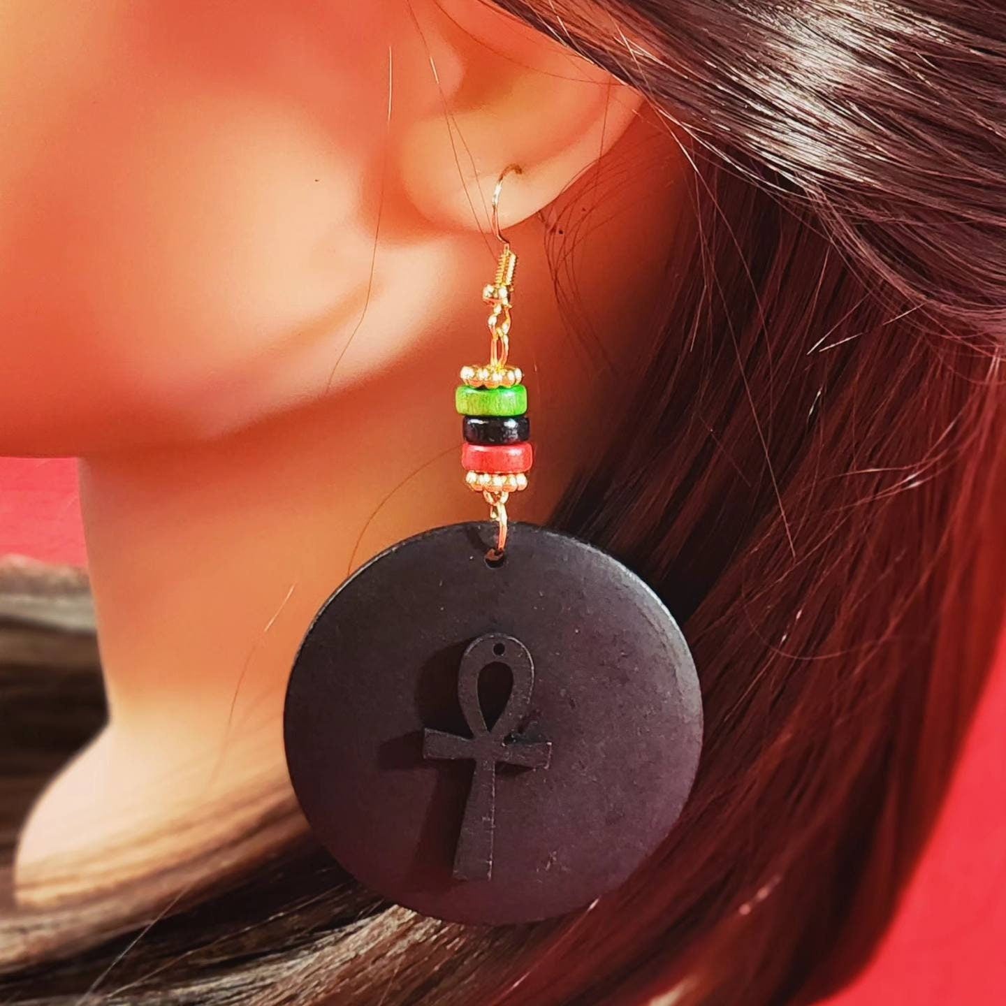 Ankh Wood Fashion Beaded Dangle Earrings