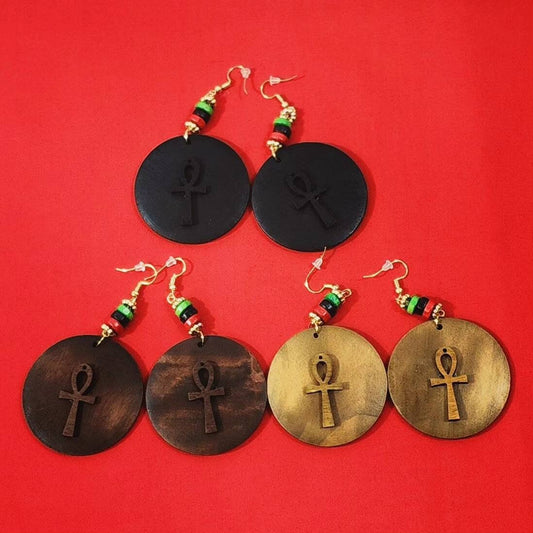 Ankh Wood Fashion Beaded Dangle Earrings