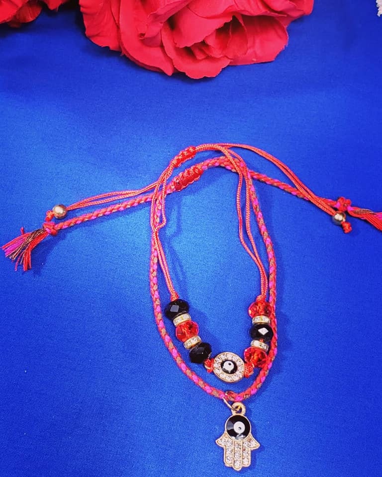 Set of two Evil Eye Protection Beaded Adjustable Bracelets/ Anklets