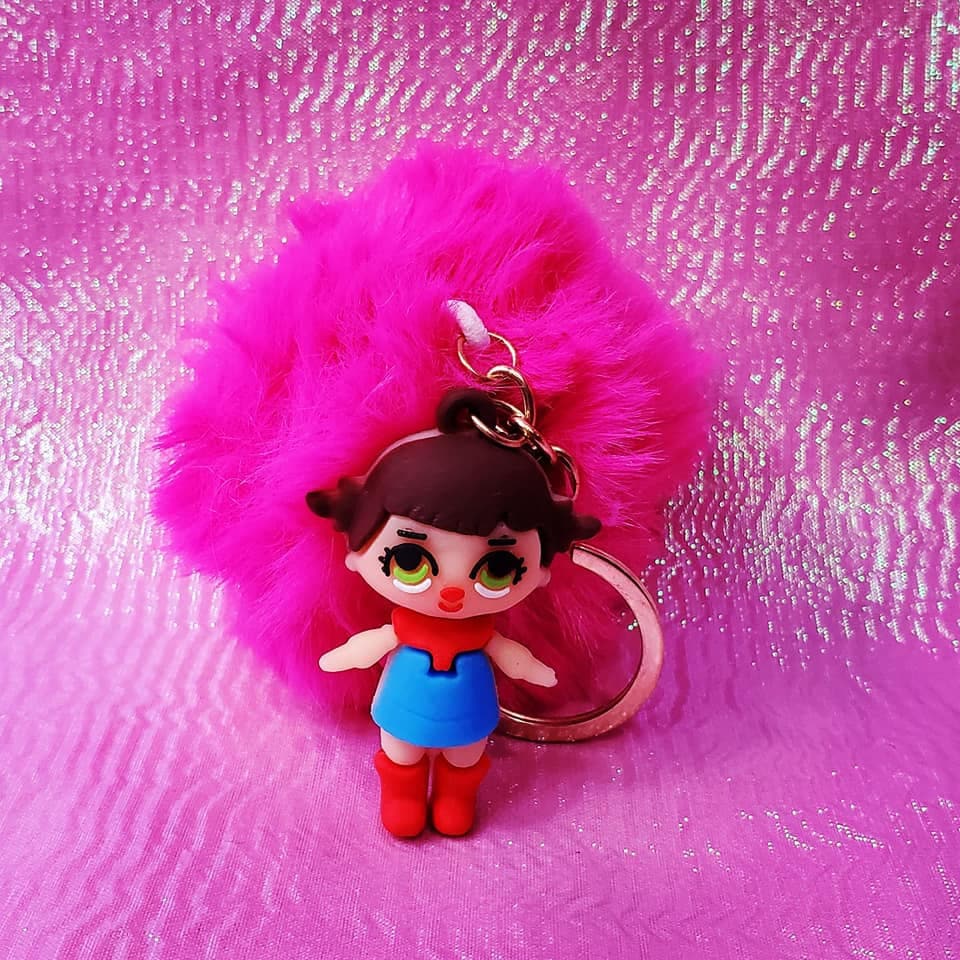 Cartoon Girls Fluffy Pompoms Keychains