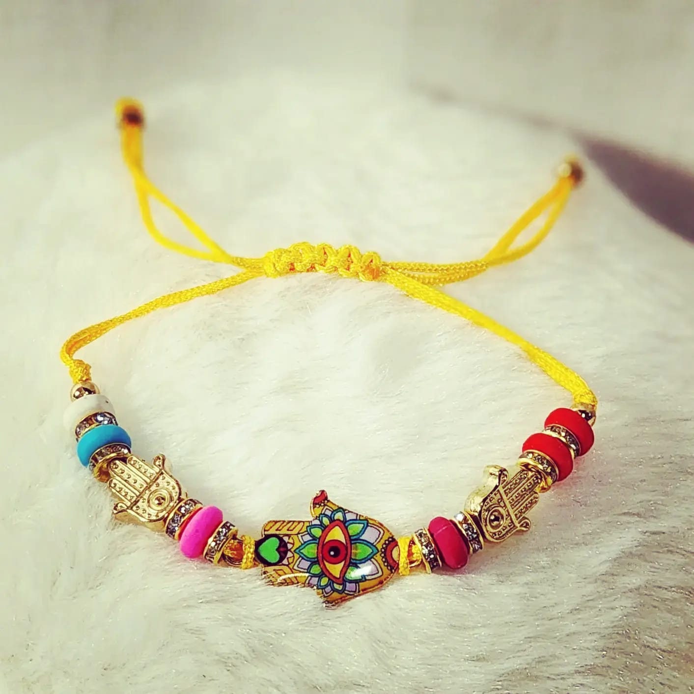 Adjustable Colorful Beaded Hamsa hand Evil Eye with rhinestones