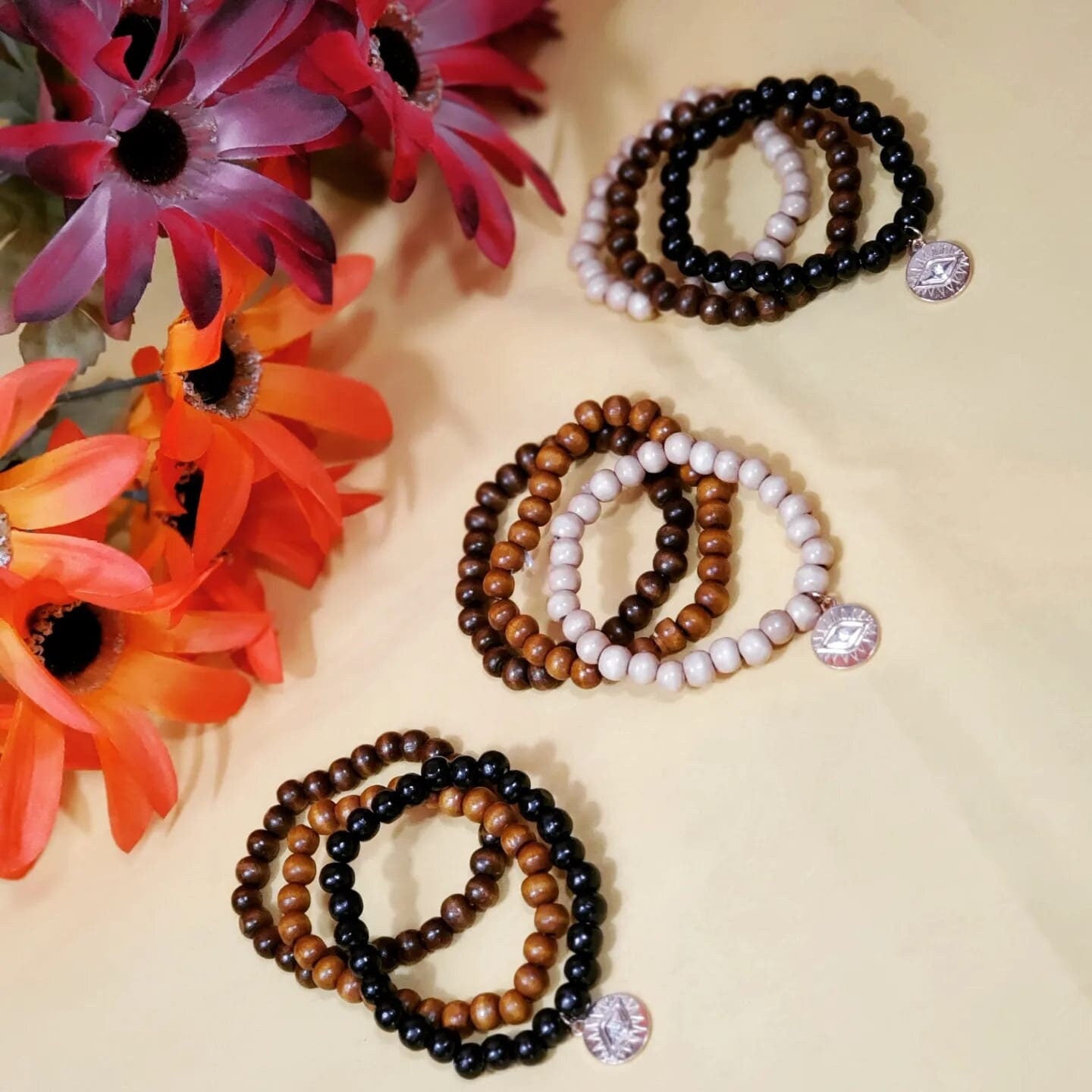Stretchable Beaded Wooden set of 3 Bracelets