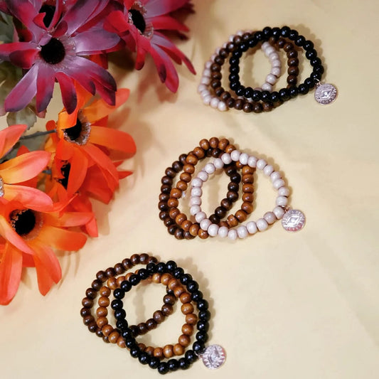 Stretchable Beaded Wooden set of 3 Bracelets
