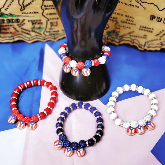 Stretchable Beaded Puerto Rico Flag Hangings  and white Stones Bracelets
