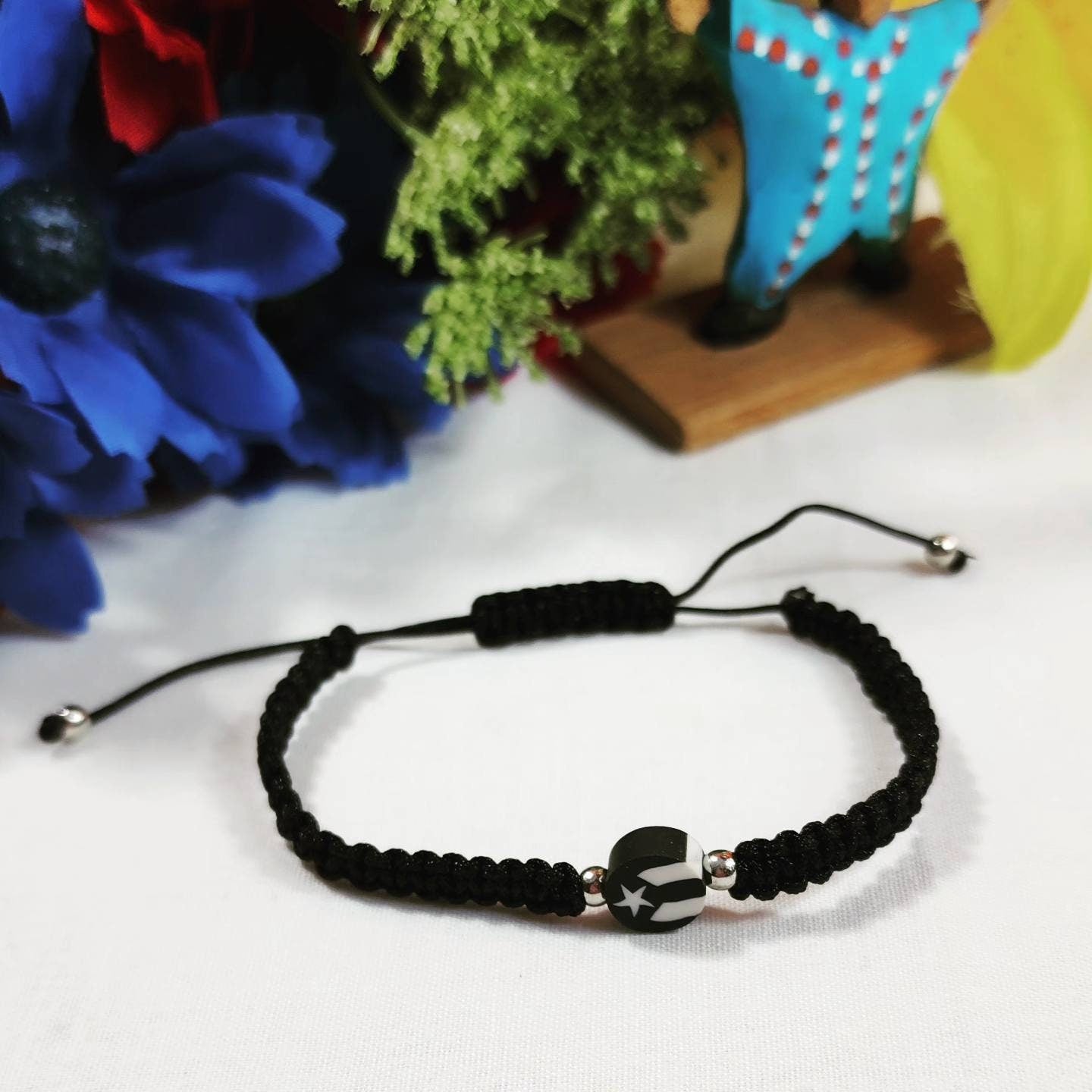 Black & White Puerto Rico Flag Adjustable Stretchable Beaded Bracelets