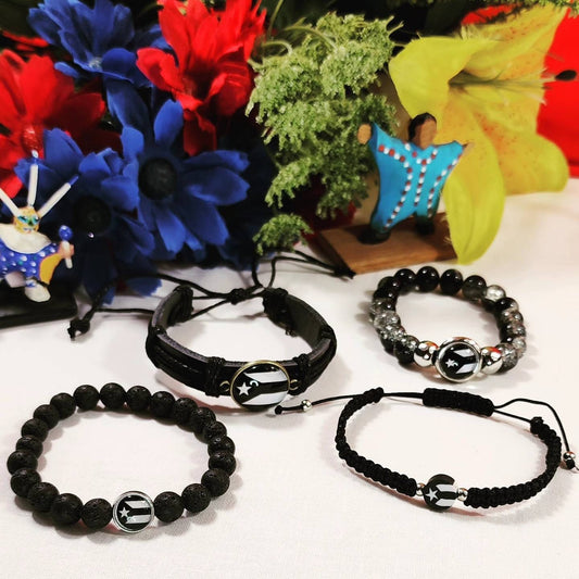 Black & White Puerto Rico Flag Adjustable Stretchable Beaded Bracelets