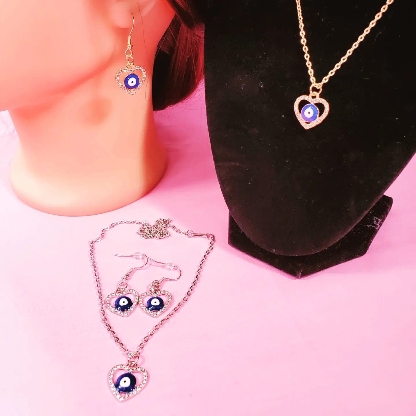Set of Silver or Gold Evil Eye Heart Shape Necklace & Earrings!