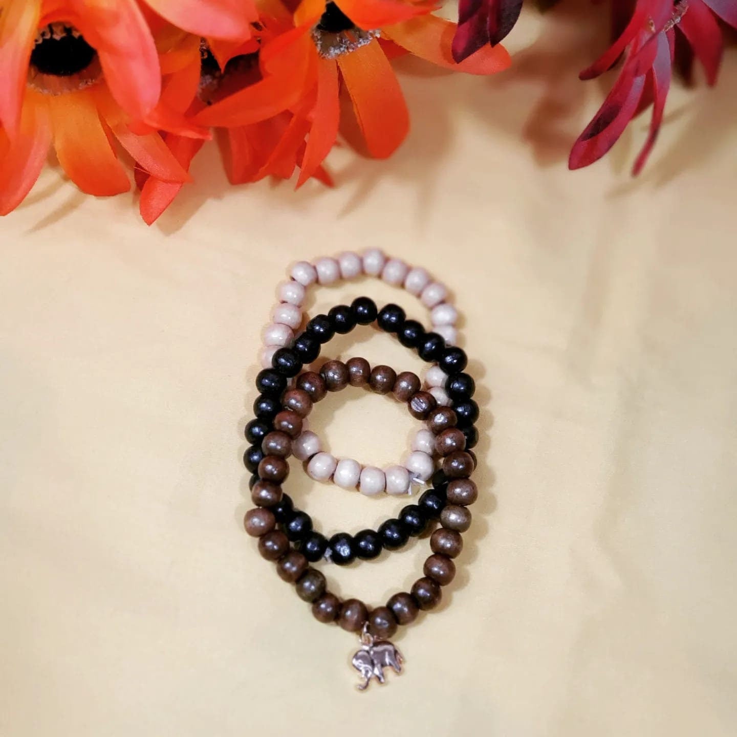 Stretchable Beaded Wooden set of 3 Bracelets