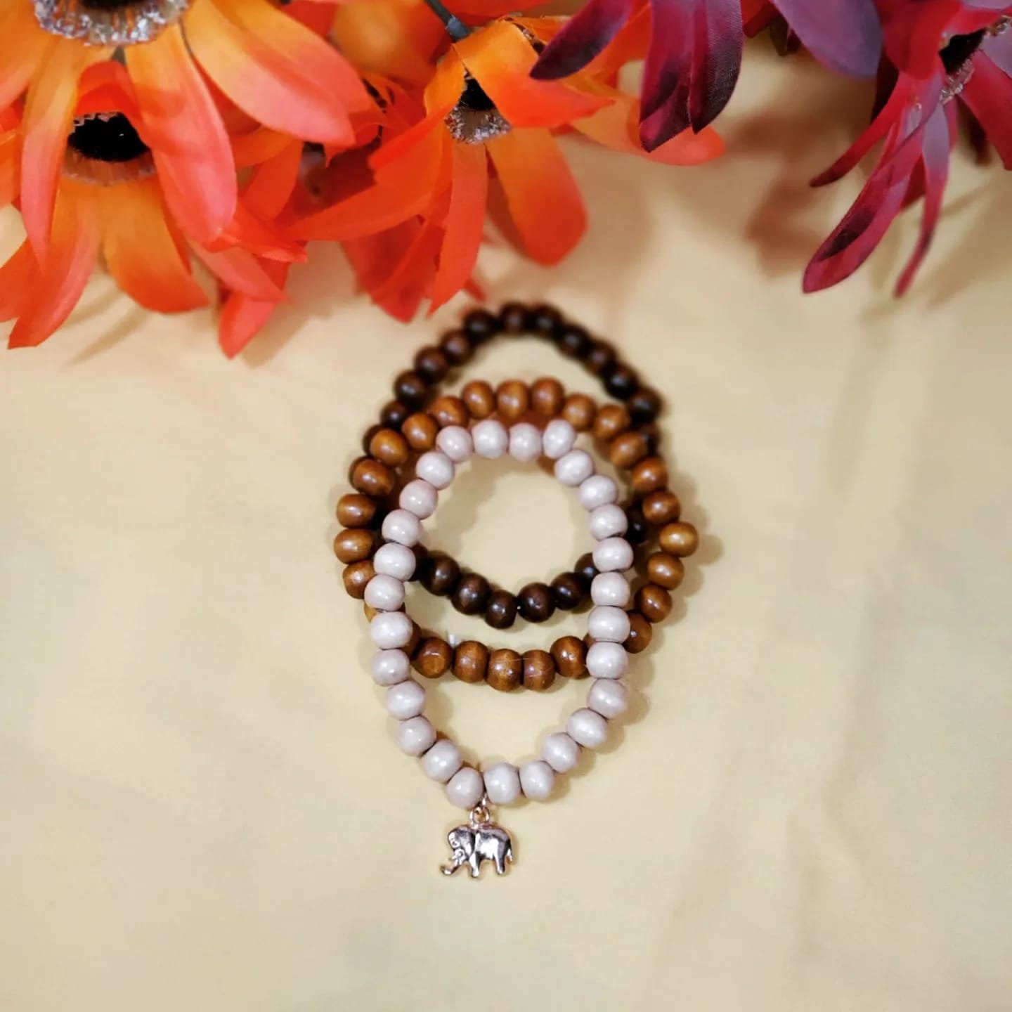 Stretchable Beaded Wooden set of 3 Bracelets
