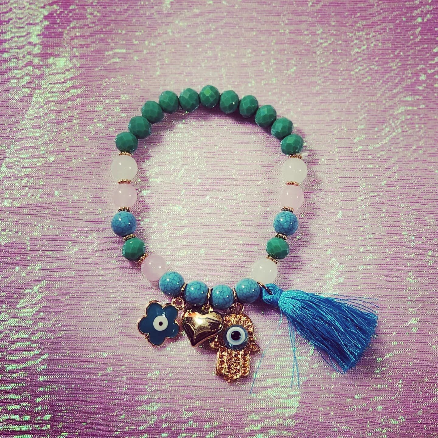 Hamsa Hand, heart,  Evil Eye Flower, Protection Beaded Stretchable with Tassels colorful Bracelets