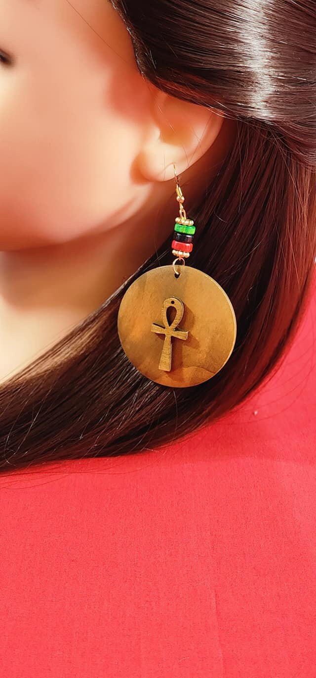 Ankh Wood Fashion Beaded Dangle Earrings