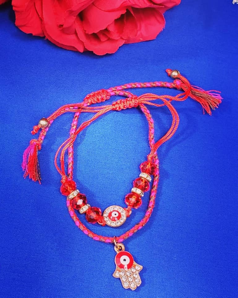 Set of two Evil Eye Protection Beaded Adjustable Bracelets/ Anklets