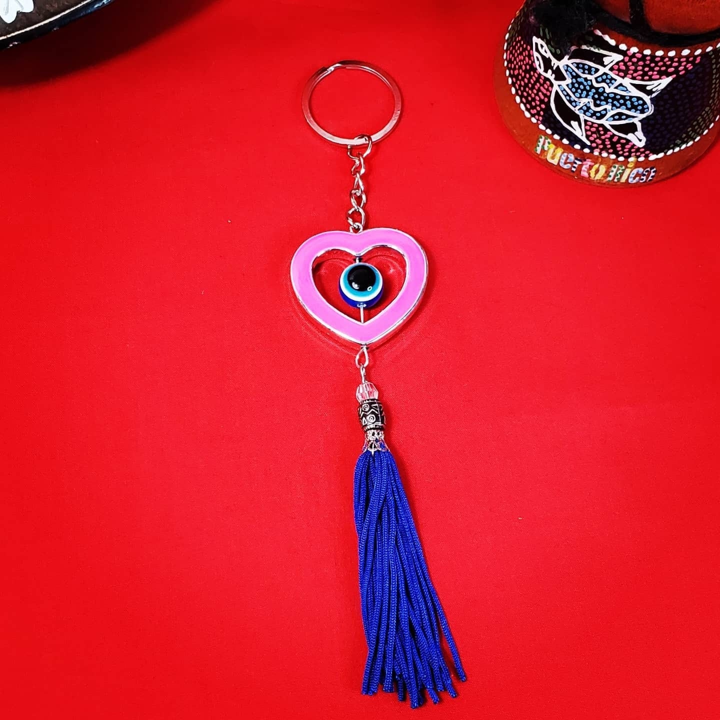 Evil Eye Heart with Blue Tassel Lucky Keychain