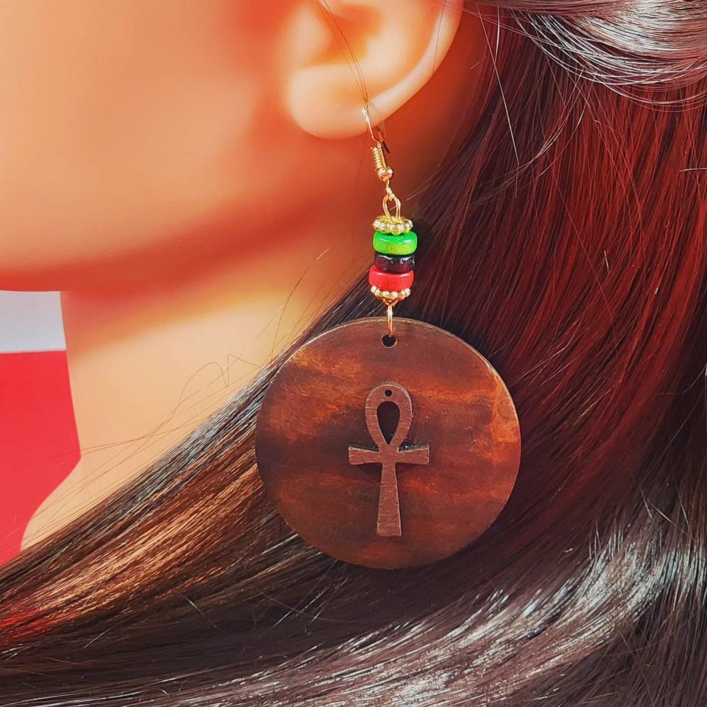 Ankh Wood Fashion Beaded Dangle Earrings
