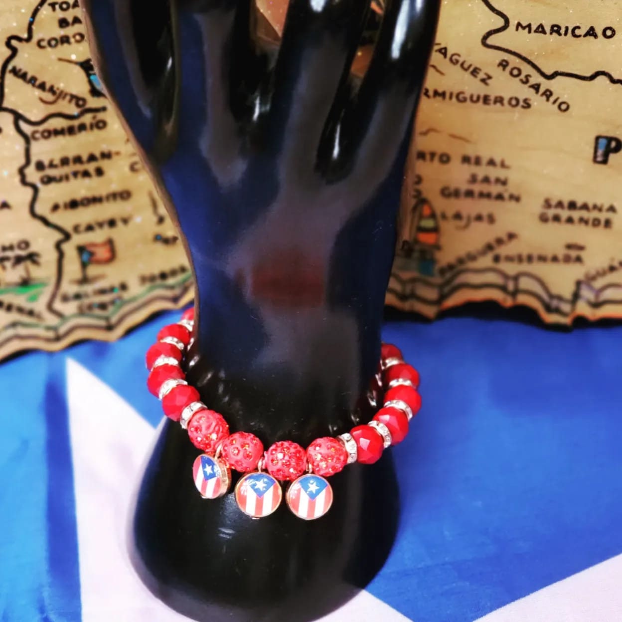 Stretchable Beaded Puerto Rico Flag Hangings  and white Stones Bracelets