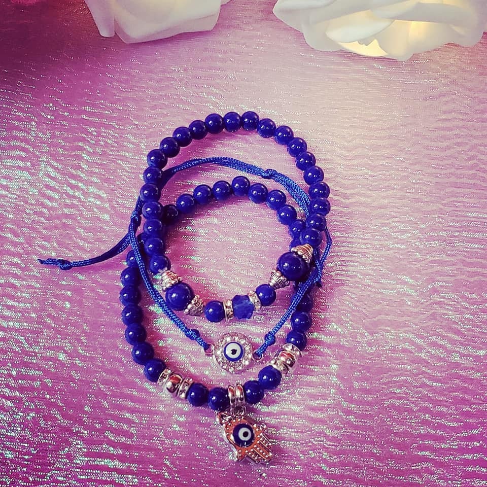 Set of 3 Beaded_Adjustable _Stretchable_Charm Evil Eye Bracelets!