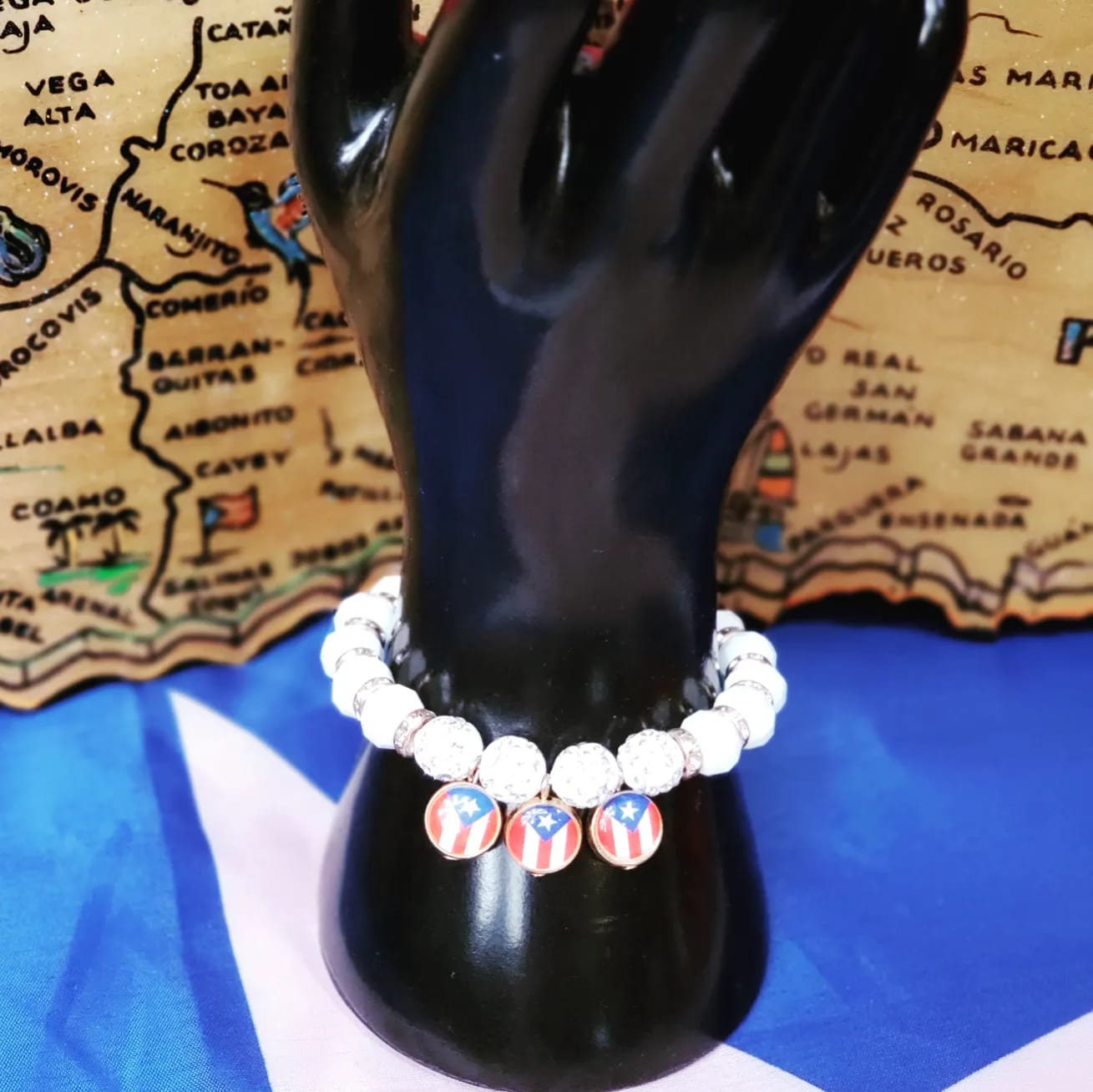 Stretchable Beaded Puerto Rico Flag Hangings  and white Stones Bracelets