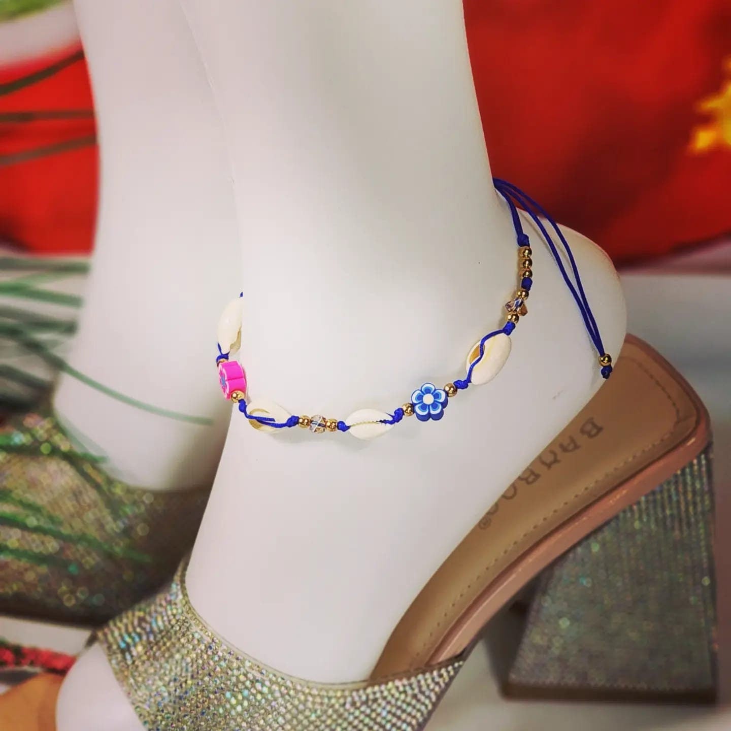 Adjustable Beaded with Seashells and Rubber Flowers Anklet