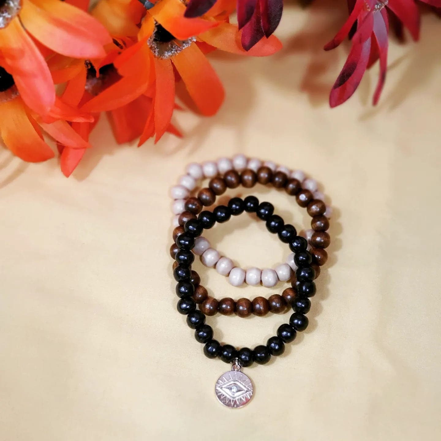 Stretchable Beaded Wooden set of 3 Bracelets