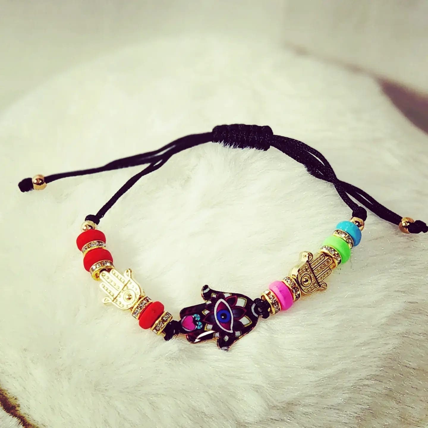 Adjustable Colorful Beaded Hamsa hand Evil Eye with rhinestones