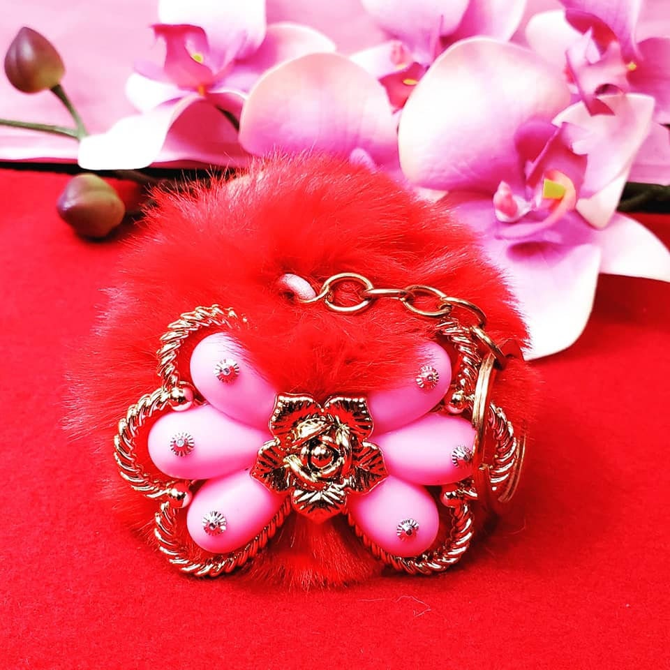 Fuzzy Pompoms with Pink Bow and Golden Flower Keychains
