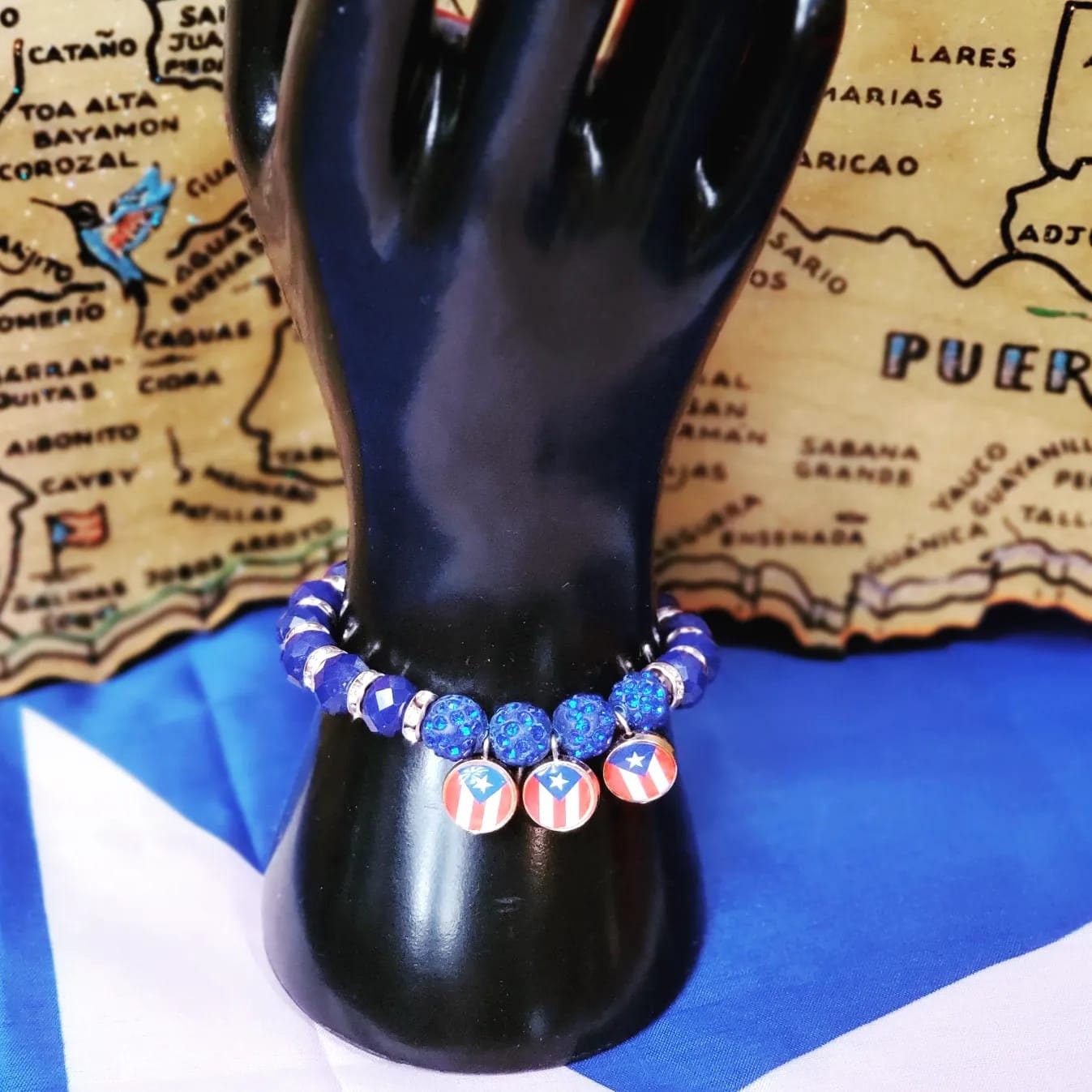Stretchable Beaded Puerto Rico Flag Hangings  and white Stones Bracelets