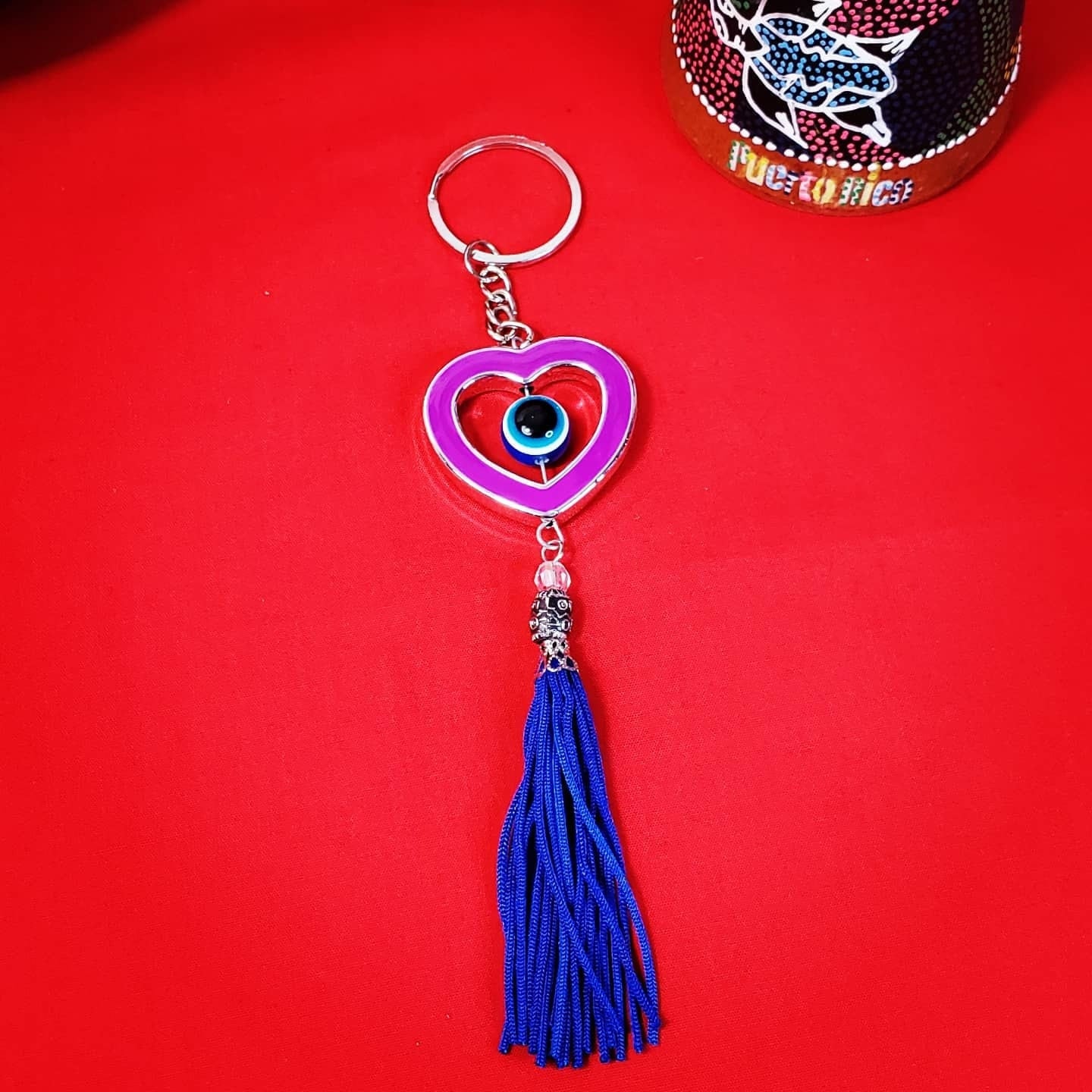 Evil Eye Heart with Blue Tassel Lucky Keychain