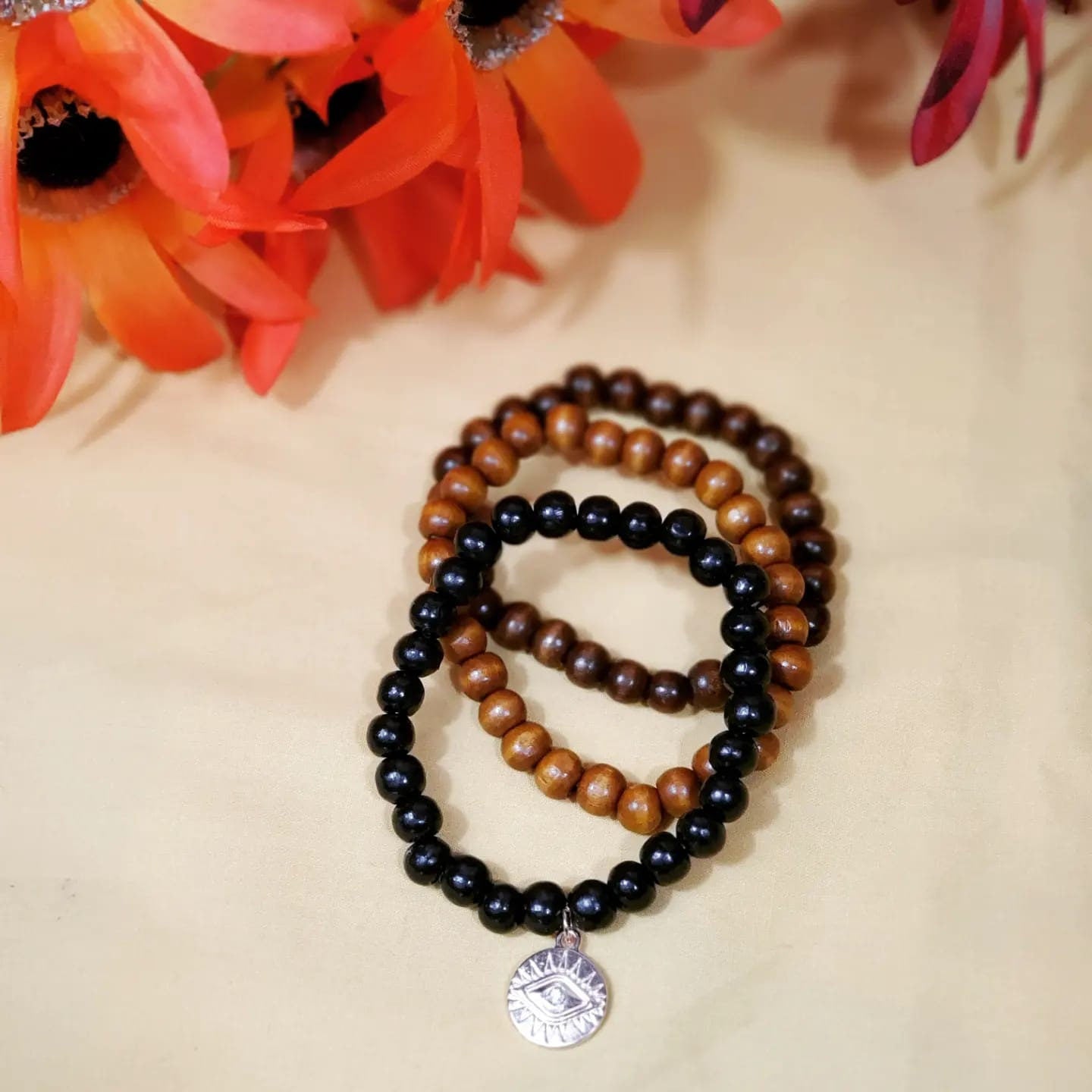 Stretchable Beaded Wooden set of 3 Bracelets