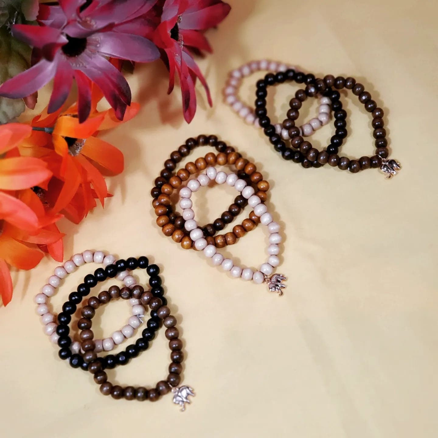 Stretchable Beaded Wooden set of 3 Bracelets