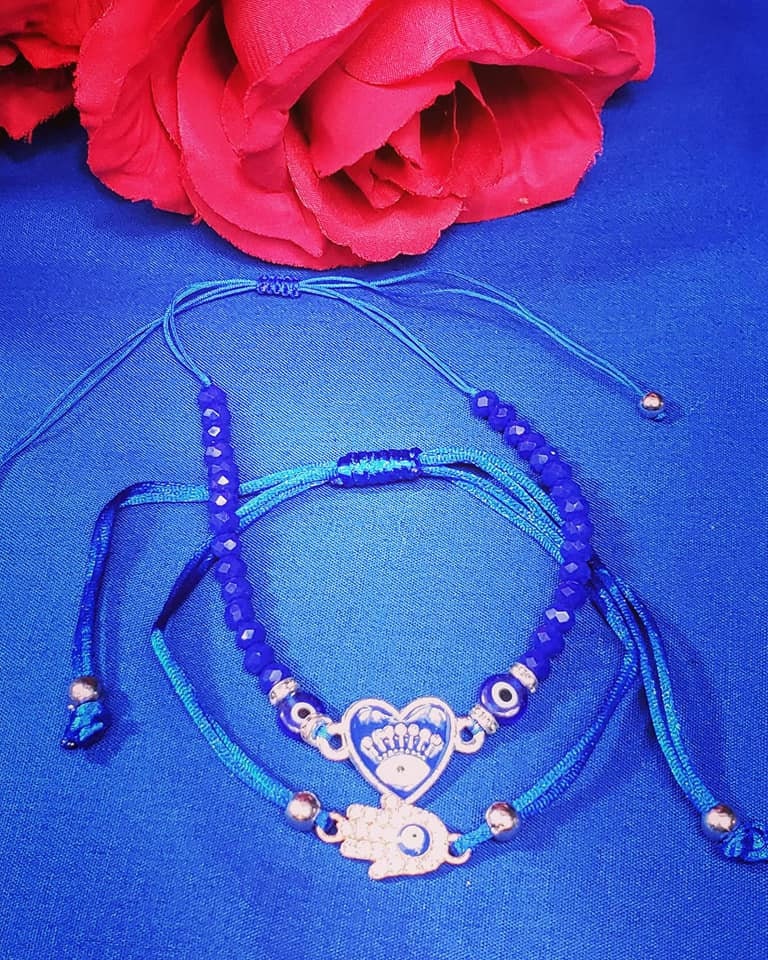 Set of two Evil Eye Protection Beaded Adjustable Bracelets/ Anklets
