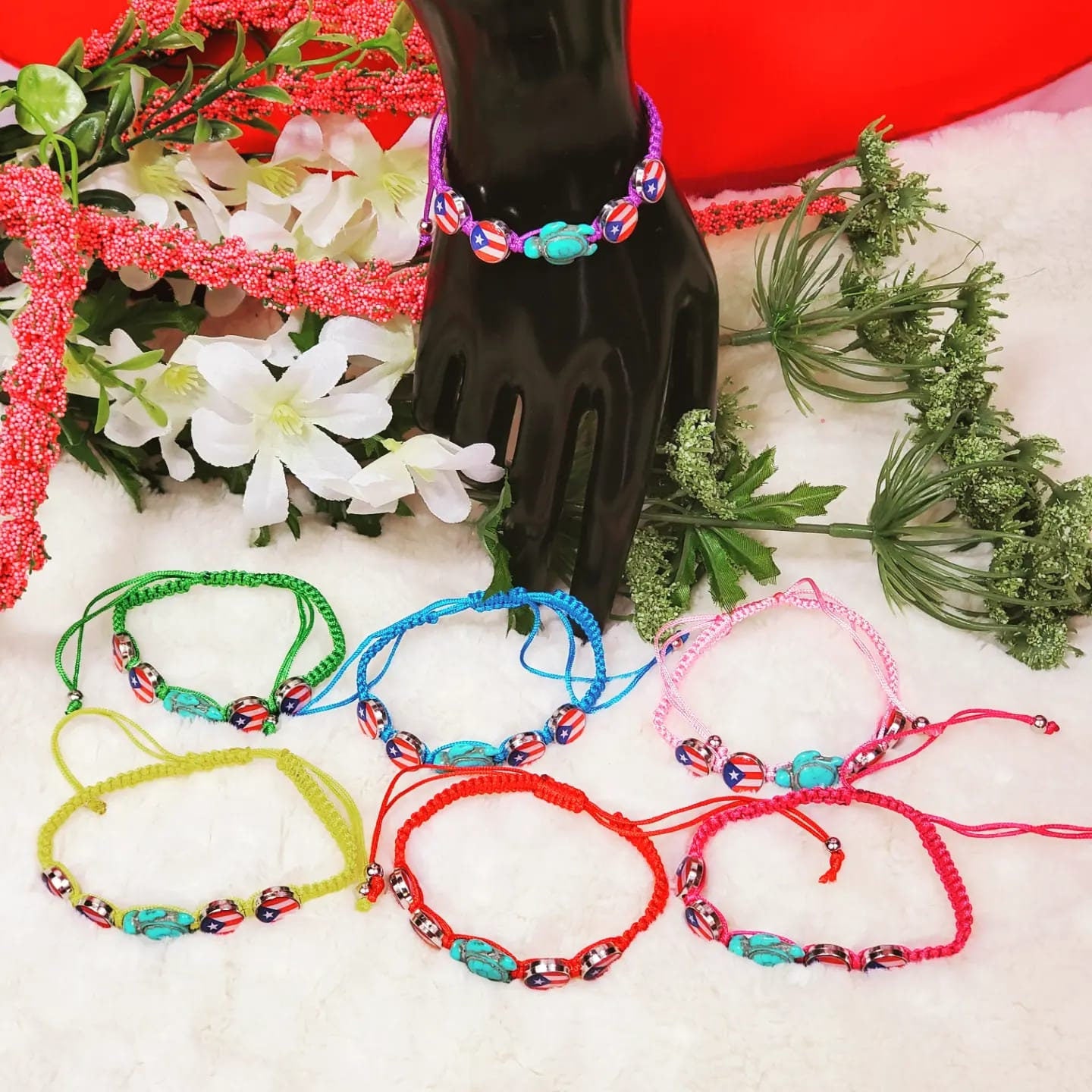 Adjustable 4 Puerto Rico Flag and a Turtle in the Middle Bracelets