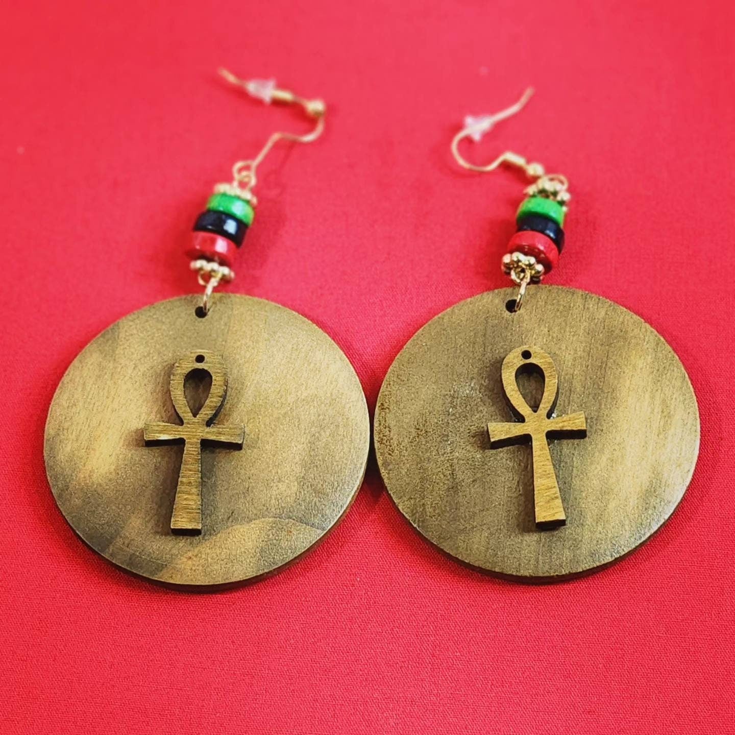 Ankh Wood Fashion Beaded Dangle Earrings
