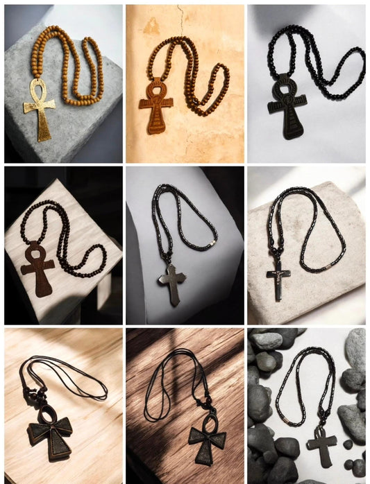 Metal Wood Plastic Cross Ankh Long Adjustable Necklace