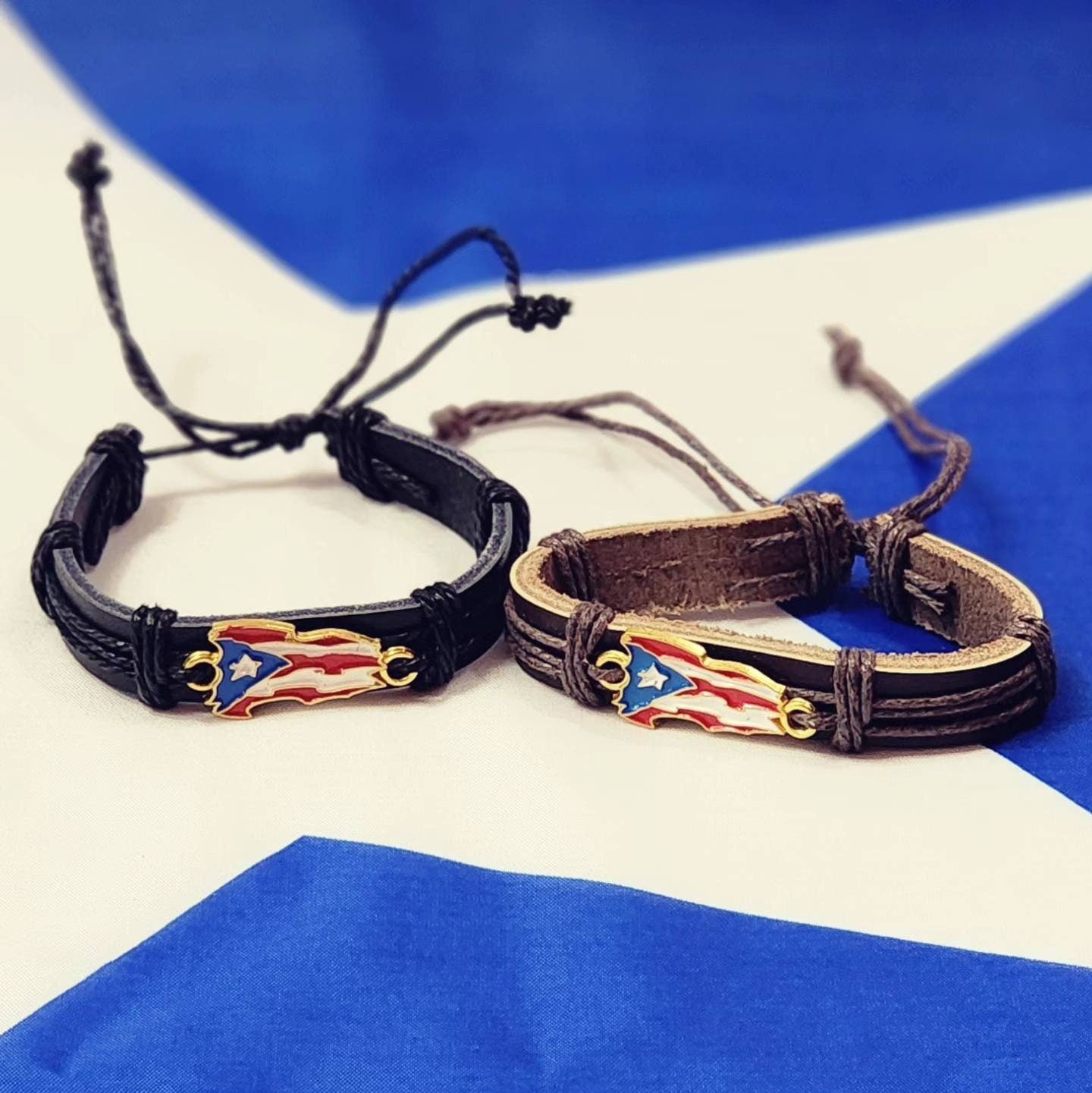Puerto Rico Flag Leather Adjustable Bracelet