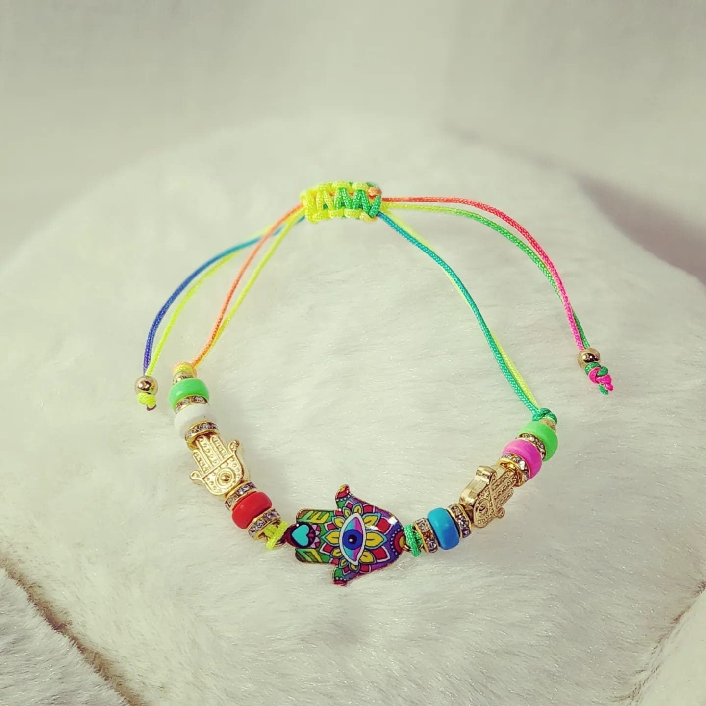 Adjustable Colorful Beaded Hamsa hand Evil Eye with rhinestones