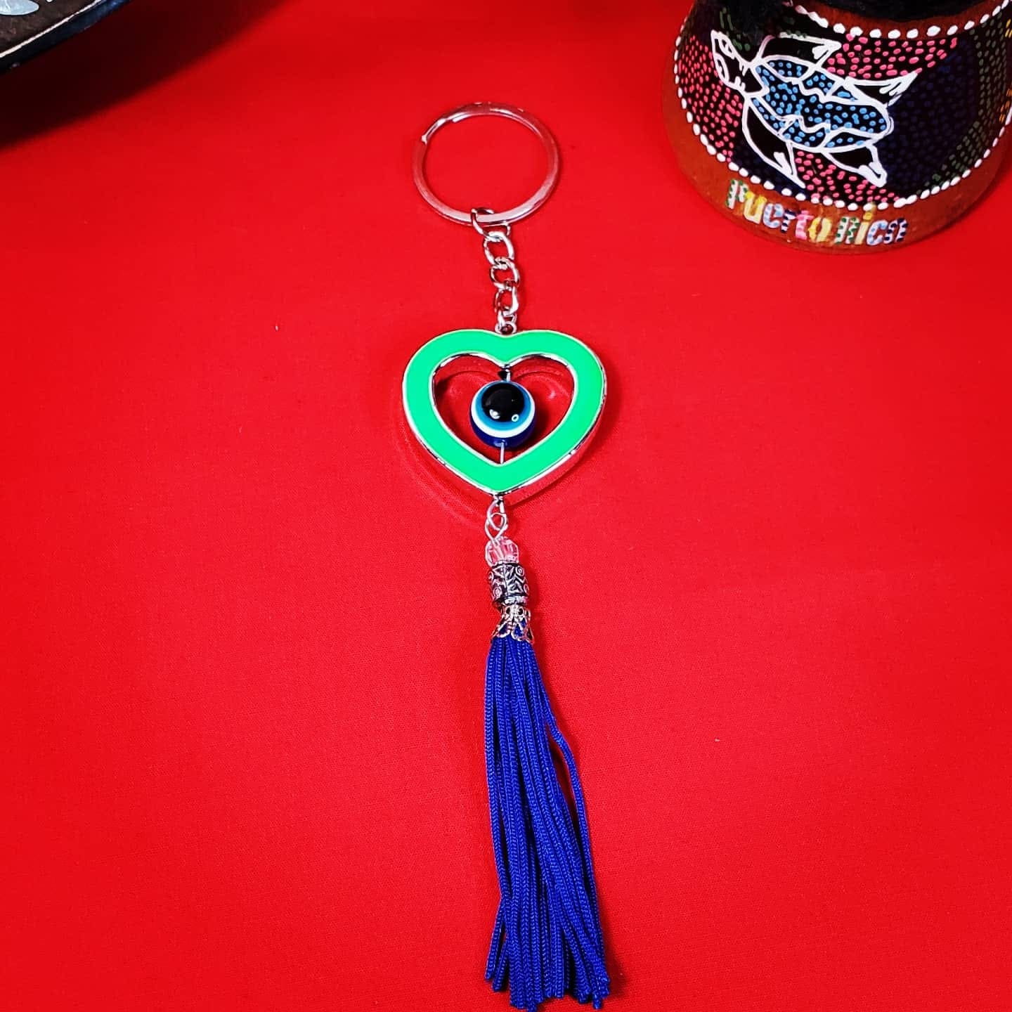 Evil Eye Heart with Blue Tassel Lucky Keychain